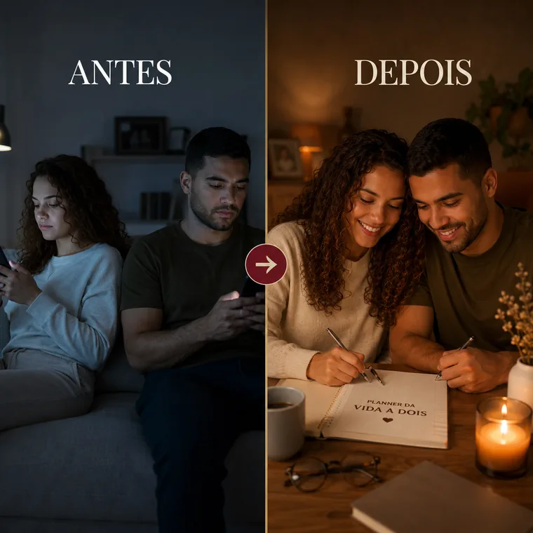 Antes: casal distante, cada um no celular. Depois: casal conectado, preenchendo juntos o Planner da Vida a Dois